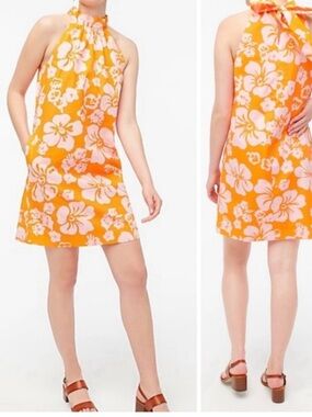 J. Crew Factory Orange Floral Halter Mini Dress - Summer, Vacation, Cruise
